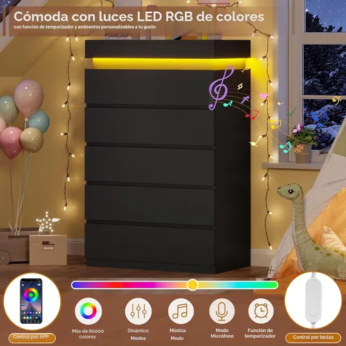 Miniatura 3 de HAUOMS Cómoda alta de 5 cajones con luz LED, cómoda moderna negra para dormitorio, cómodas de armario con cajones para sala de estar, entrada