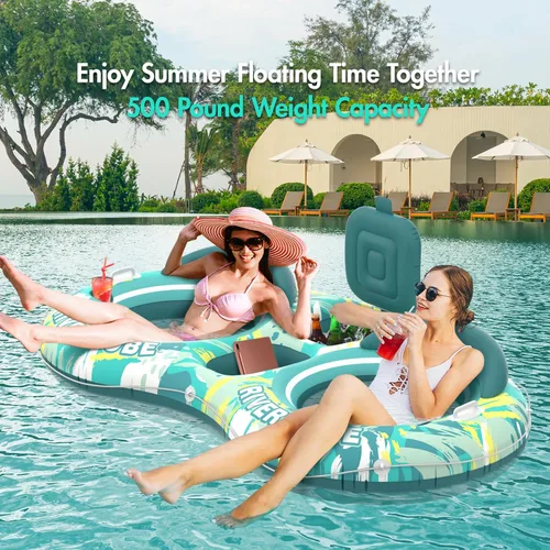 Miniatura 2 de Sunikko X 5-in-1 Pool Floats Adult Heavy Duty River Tube, 2 Person Water Lounge Tanning Pool with Backrests, Built-in Cooler, Cup Holders, Deluxe