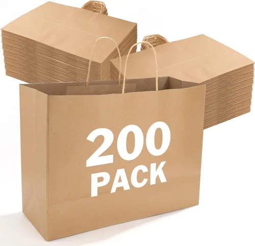 Miniatura 8 de XPCARE Paquete de 200 bolsas de regalo de papel grandes con asas a granel, 16 x 6 x 12 pulgadas, bolsas de papel kraft natural liso para bolsas