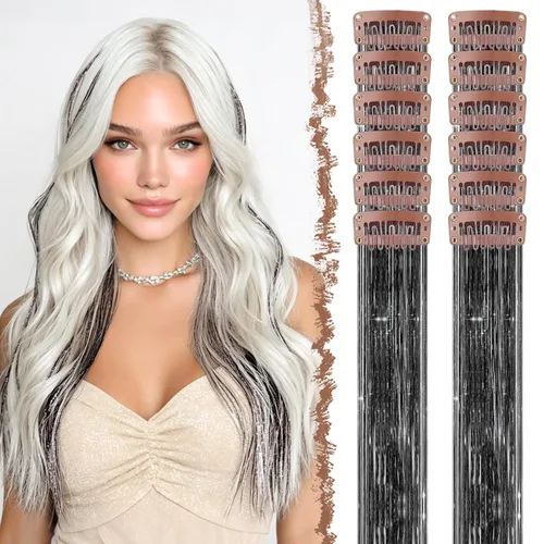 Miniatura 20 de FESHFEN Extensiones de cabello con clip de colores, 16 piezas de 8 colores resaltados, piezas de cabello sintético lacio con clip para mujer, 22