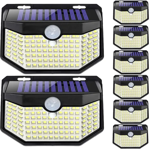 HMCITY 120 luces solares LED para exteriores con sensor de movimiento y 3 modos de iluminación, IP65 impermeables, amplias, luces solares de pared