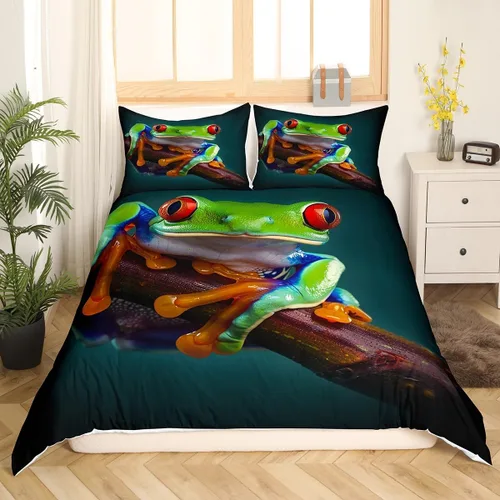 Miniatura 11 de Erosebridal Juego de funda de edredón de rana 3D, tamaño individual, juego de ropa de cama de rana de árbol de ojos rojos, funda de edredón
