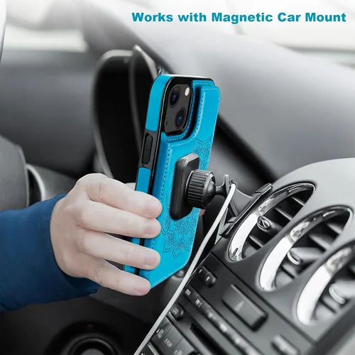 Miniatura 8 de Vaburs Funda compatible con iPhone 13 con tarjetero y diseño de mandala en relieve, de piel sintética, doble botones, a prueba de golpes, para Azul