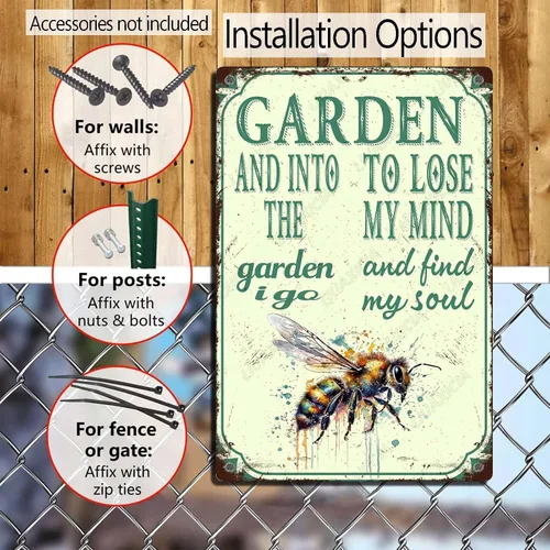 Miniatura 4 de LIUAXICIA Letreros divertidos de metal con texto en inglés "In The Garden to Lose My Mind and Find My Soul Bee Garden - Letreros de lata