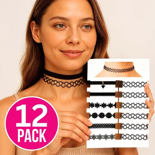 Miniatura 9 de BodyJ4You Juego de 12 gargantillas elásticas estilo tatuaje, accesorios y joyería de los años 90 y 2000, rosado, azul, verde, colorido, arcoíris