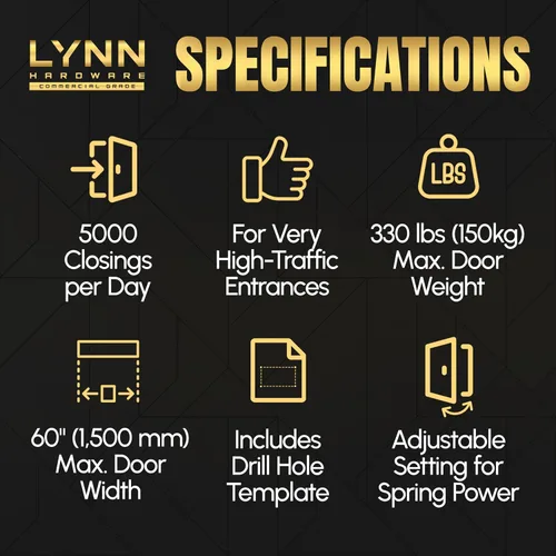 Miniatura 3 de LYNN HARDWARE Cierrapuertas automático extra resistente de servicio pesado (plateado) - Grado comercial, elección de contratistas, velocidad