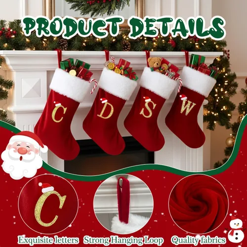 Miniatura 2 de Calcetines de Navidad personalizados con monograma, con inicial familiar, 20 pulgadas, puño de felpa blanca supersuave con cuerpo de terciopelo rojo