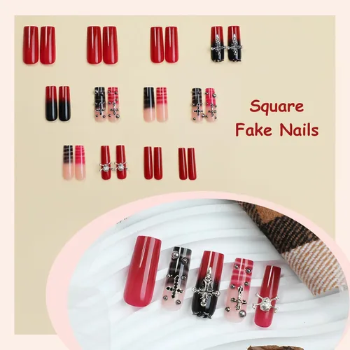 Miniatura 4 de MISUD - Uñas postizas largas cuadradas con pegamento de Rojo Gótico y Negro, diseño cruzado gótico Y2K acrílico, 24 piezas