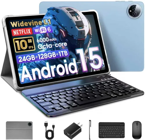 Raemond Tablet Android 15 de 10 pulgadas, 24 GB de RAM+128 GB de ROM/1 TB expandible, CPU octa-core de 1.8 GHz, pantalla HD IPS de 1280 x 800, WiFi
