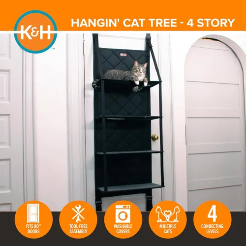 Miniatura 4 de K&H Pet Products Árbol colgante para gatos montado en puerta, muebles de pared para gatos, percha de pared de varios niveles, cama hamaca que ahorra
