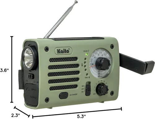 Miniatura 7 de Kaito KA380 Radio de emergencia y altavoz Bluetooth portátil - Radio meteorológica AM/FM NOAA recargable con panel solar y manivela verde militar
