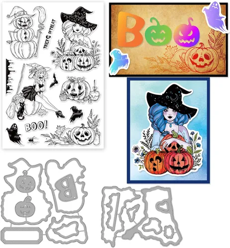 ORIGACH Sellos transparentes y troqueles de corte, de calabaza de Halloween, de silicona, para hacer tarjetas, álbumes de recortes, manualidades, etc