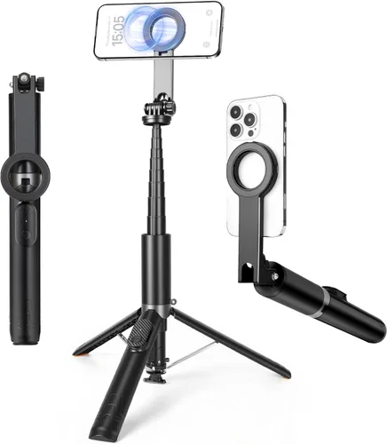 Trípode magnético para selfie de 64 pulgadas, soporte de trípode de apertura automática con soporte giratorio de 360° para teléfono de viaje con