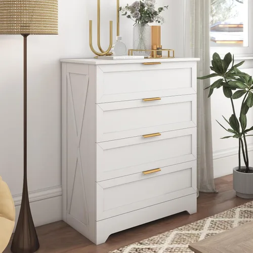 Miniatura 12 de FTZxHKLX Cómoda moderna de 4 cajones para dormitorio, cómoda alta con cajón grande y asas de oro rosa, organizador de almacenamiento de madera, Negro