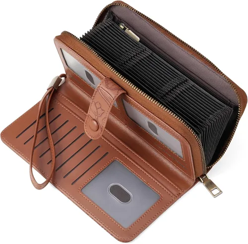 SENDEFN Cartera de piel con cierre RFID para mujer, con cierre de cremallera, de gran capacidad, con correa para la muñeca, Marrón, Classic