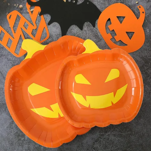 Miniatura 4 de Healifty 20 platos de calabaza de Halloween desechables para fiestas de otoño, lindos platos de diseño divertido para celebraciones de Halloween