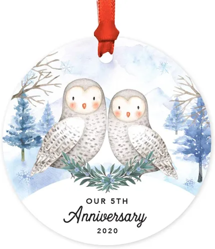 Miniatura 112 de Andaz Press Adorno redondo de recuerdo de Navidad, nuestro 10 aniversario 2025, búhos de nieve de invierno en acuarela, 1 paquete, incluye cinta