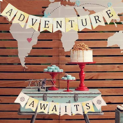 JeVenis Adventure Awaits - Cartel temático de viaje para baby shower, graduación, fiesta de jubilación, 1 x 1 pulgada, tonos tierra, cuadrado,