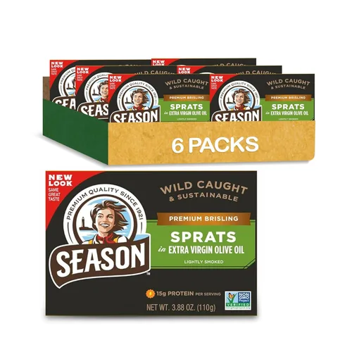 Season Brisling Spadines en aceite de oliva virgen extra, ligeramente ahumado, capturado en la naturaleza, 0.55 onzas de proteína, aperitivos Keto,