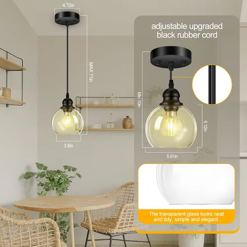 Miniatura 5 de Luces colgantes para isla de cocina, lámpara colgante negra con pantalla de cristal, lámpara colgante ajustable de 71 pulgadas para cocina, sala
