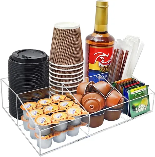 Organizador de acrílico para barra de café para encimera, oficina, hogar, café, soporte para tazas de papel, condimentos, jarabes, crema,