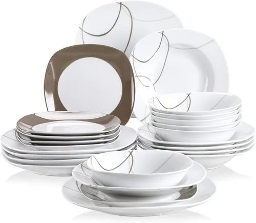 Miniatura 31 de VEWEET, Serie Fiona - Juego de vajilla de 30 piezas para 6 personas, blancos con rayas negras y grises, vajilla de porcelana de platos de postre