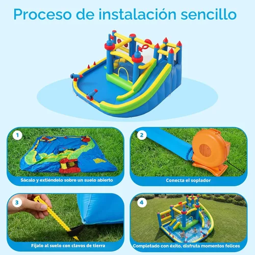 Miniatura 6 de Tobogán acuático inflable para patio trasero de niños con soplador de 450 W, castillo de salto con tobogán de agua, parque acuático para actividades