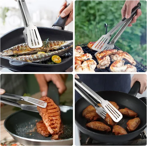 Miniatura 4 de Pinzas de metal para cocinar, juego de 2 pinzas de espátula de acero inoxidable para asar a la parrilla, cocinar y voltear, agarre fuerte