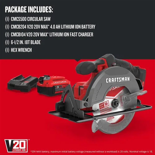 Miniatura 3 de CRAFTSMAN Kit de sierra circular inalámbrica V20, 6-1/2 pulgadas, batería y cargador incluidos (CMCS500M1)