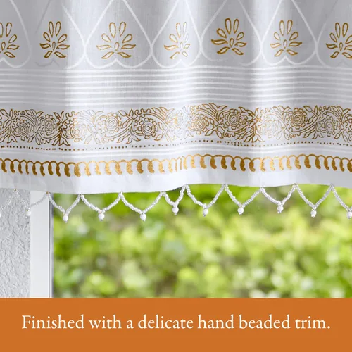Miniatura 2 de Saffron Marigold Cortina de cenefa impresa a mano con ribete de cuentas, velo de novia blanco, perfecta para cocina, dormitorio, baño, comercio