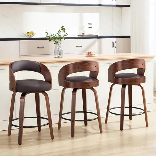 Miniatura 20 de Juego de 1 taburete de bar giratorio, 26" de cuero sintético tapizado, altura de mostrador con respaldo, silla de bar moderna de mediados de siglo