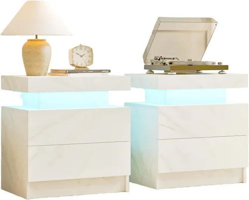 Miniatura 9 de Juego de 2 mesitas de noche con 2 cajones de madera, moderna mesita de noche LED para dormitorio LED Night Stand set 2,Night Stands set of 2 for