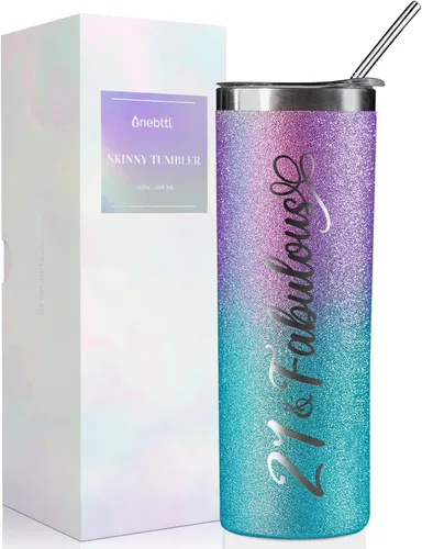 Onebttl Regalos de cumpleaños número 21 para mujeres, niñas, ella, 21 y fabuloso, vaso aislado de acero inoxidable con purpurina de 20 onzas / 20.0