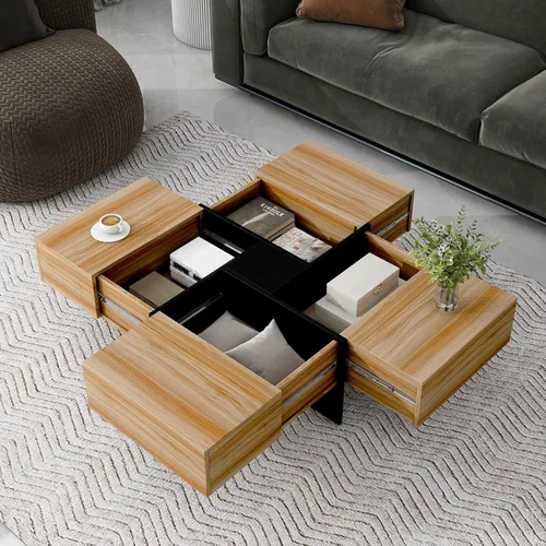Miniatura 10 de LUMISOL Mesa auxiliar cuadrada de alto brillo con mesa deslizante extensible, mesa de cóctel con 4 compartimentos de almacenamiento ocultos, mesa