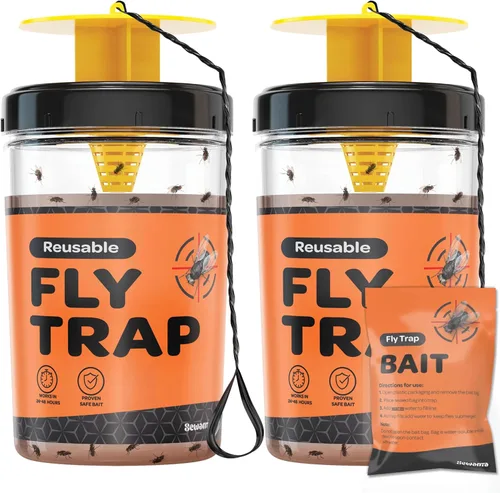 Trampa para moscas [Juego de 2] Trampas para moscas para exteriores con cebo no tóxico soluble – Repelente de moscas solo para uso en exteriores –