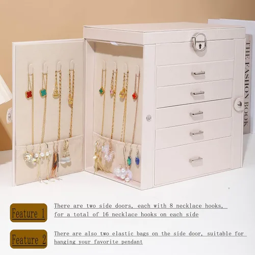 Miniatura 5 de BOOVO Joyero para mujer, organizador de joyas grande de 6 capas con espejo, caja de almacenamiento multifunción con cerradura, soporte de accesorios
