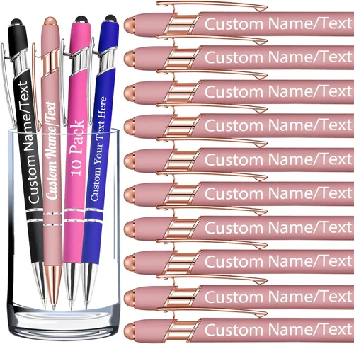 Miniatura 38 de Bolígrafos personalizados con nombre, paquete de 10 bolígrafos personalizados a granel, bolígrafo de tinta negra grabada con punta de lápiz óptico