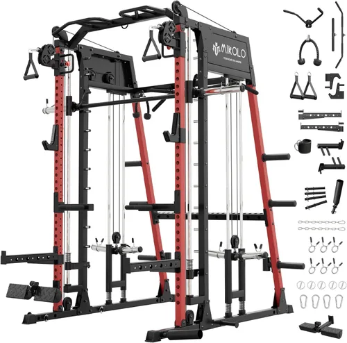 Máquina de Smith Mikolo, banco de sentadillas de 2200lbs con sistema de tracción LAT y máquina de cruce de cables, equipo de entrenamiento con