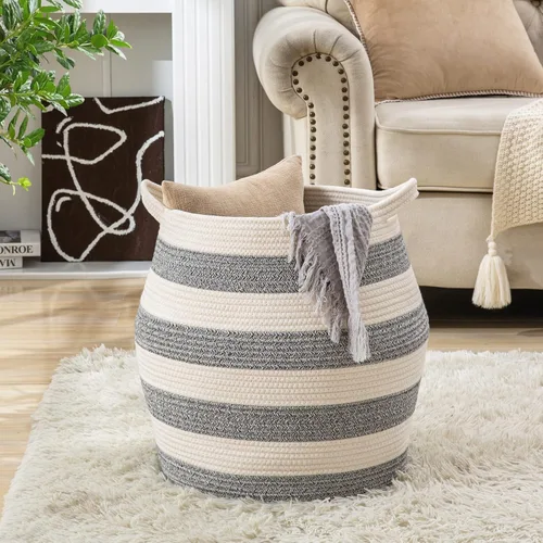Miniatura 6 de KAKAMAY Cestas Tejidas para Almacenamiento (17"x17"), Cesta Grande de Cuerda de Algodón Tejida, Canasta de Ropa para Bebé, Cesta de Ropa Plegable