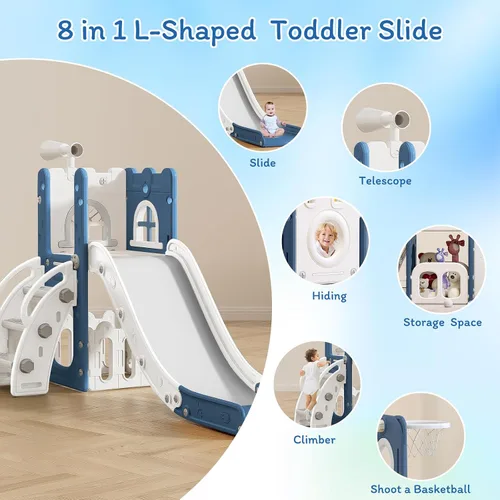 Miniatura 2 de MOCUTEEN Tobogán 6 en 1 para niños pequeños, juego de bebé para interiores y exteriores con aro de baloncesto, almacenamiento y telescopio, juguetes