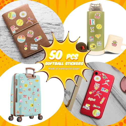 Miniatura 3 de Janinka Juego de 110 piezas de regalos de fiesta de sóftbol para niñas, calcomanías, llaveros, pulseras ajustables, lazos para el cabello, regalos