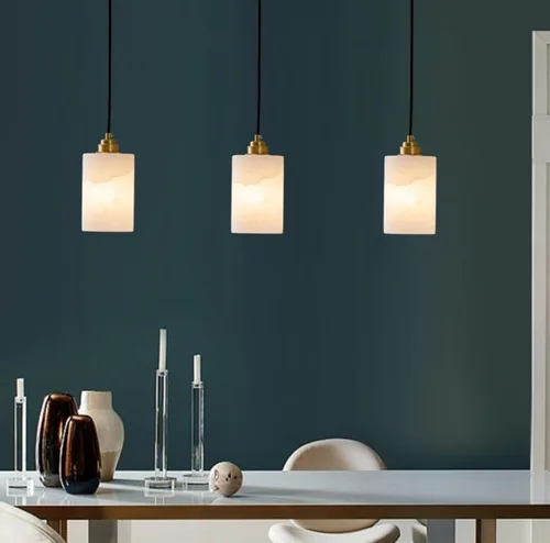 Miniatura 3 de Lámpara colgante de mármol cilíndrico nórdico, moderna lámpara colgante de cobre completo con pantalla de piedra natural, candelabros de altura