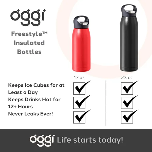 Miniatura 7 de OGGI Freestyle - Botella de agua aislada de acero inoxidable, doble pared aislada al vacío, termo de viaje, 23 onzas (23.0 fl oz), color negro