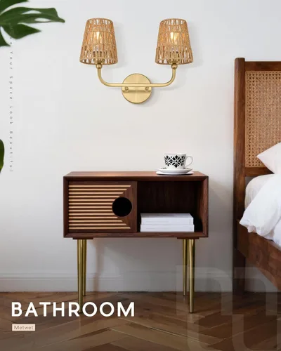 Miniatura 4 de VL837-BG-RA-2 - Lámparas de baño de 2 luces, luces de ratán dorado cepillado, aplique de doble pared con pantalla tejida a mano acampanada, apliques