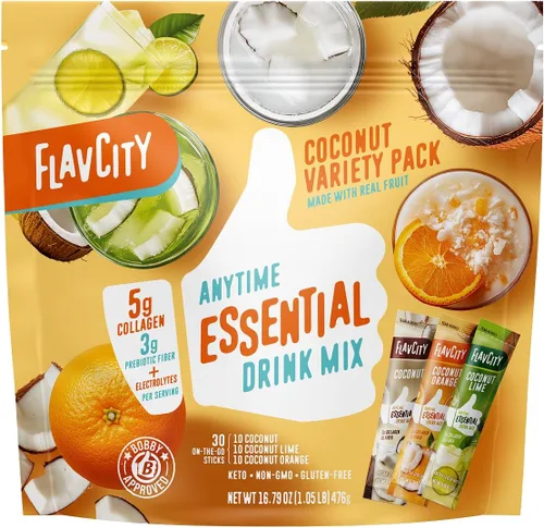 Paquetes de saborizantes para agua FlavCity Anytime Essential Coconut - Mezcla de bebida en polvo con colágeno y agua de coco - Paquetes de