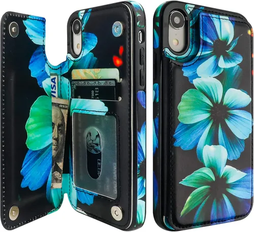 Miniatura 7 de HAOPINSH Funda tipo cartera para iPhone XR con tarjetero, diseño de mármol rosa y azul en la parte trasera, de piel sintética, con ranuras