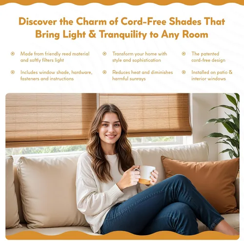 Miniatura 6 de Radiance Persianas Romanas de Bambú Sin Cordón para Ventanas - Persianas de Bambú de Varillas Planas para Control de Luz Semi-Privado - Persianas