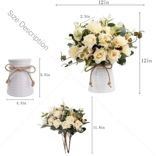 Miniatura 4 de LESING Rosa artificial con jarrón, ramos de flores de seda falsas en jarrón, arreglo de centro de mesa para cocina, sala de estar (champán-1)