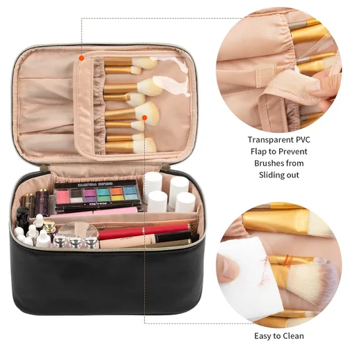 Miniatura 2 de OCHEAL Bolsa de maquillaje, bolsa de cosméticos portátil, organizador de maquillaje de viaje de gran capacidad, color negro para mujeres, bolsa