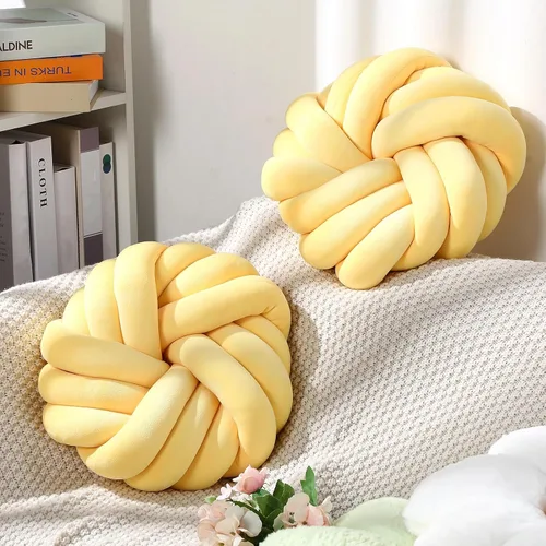 Miniatura 5 de Fumete 2 Piezas Almohadas de Nudo Redondas de 14 Pulgadas, Almohada de Bola de Nudo de Felpa Suave Decorativa, Hecha a Mano, Anudada, Cojín Amarillo